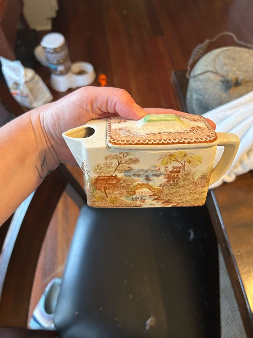 Vintage Asian Scenic Ceramic Teapot - Beige with Brown and Green Accents